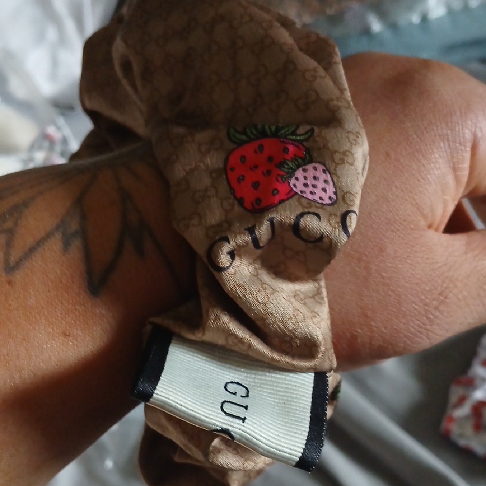 Tan Hair Scrunchie with Strawberry Motif. Oversized 100 Percent Silk!